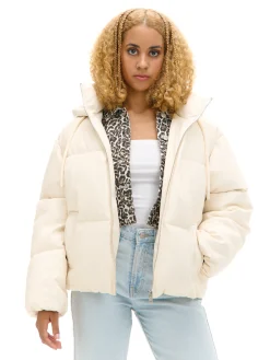 Best Cropp Kremowa kurtka puffer z kapturem kremowy