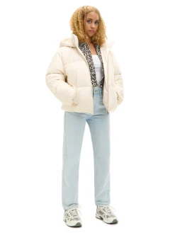 Best Cropp Kremowa kurtka puffer z kapturem kremowy
