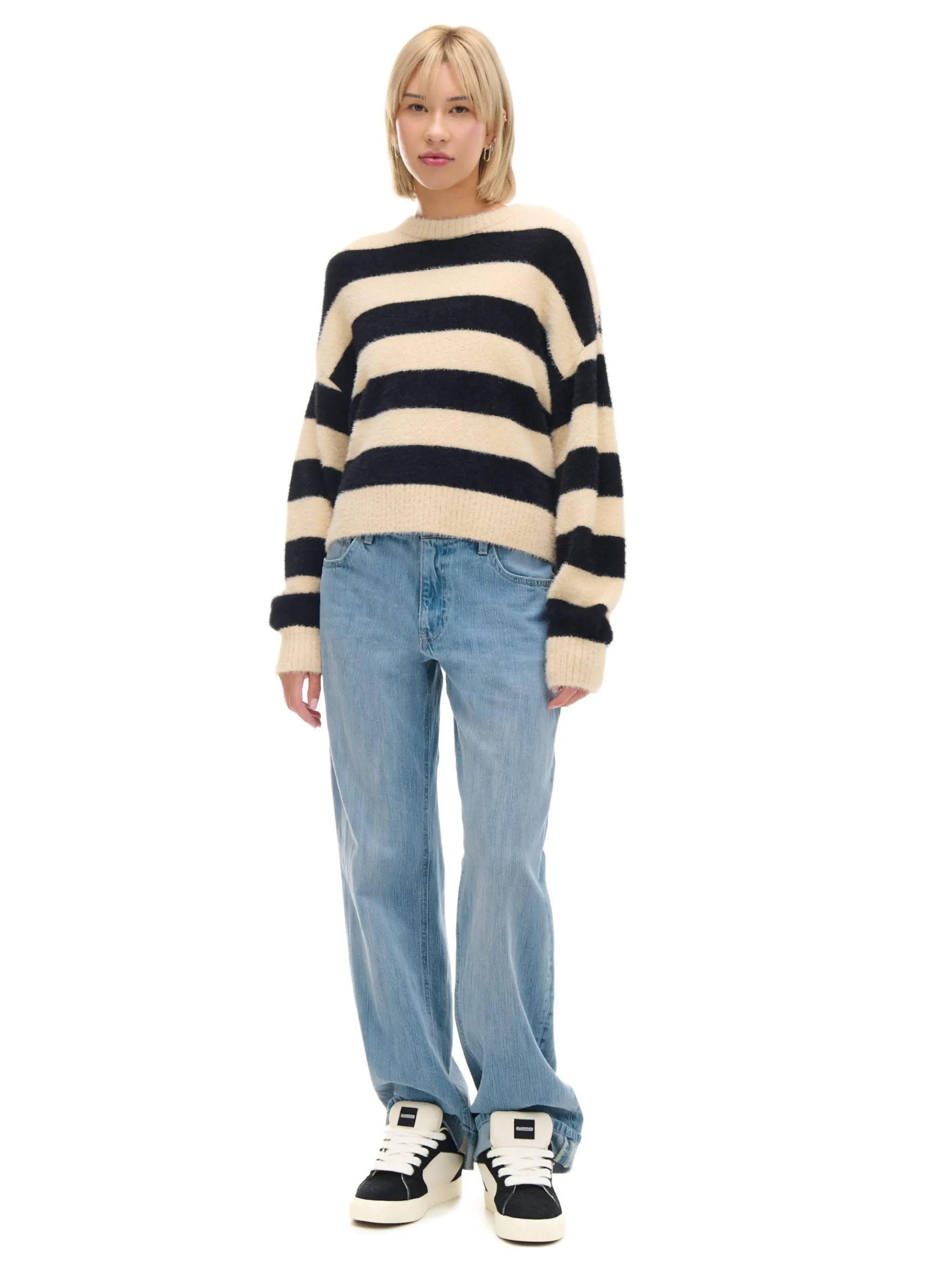 Discount Cropp sweter w czarne paski kremowy