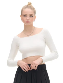 Best Cropp sweter z odkrytymi ramionami kremowy