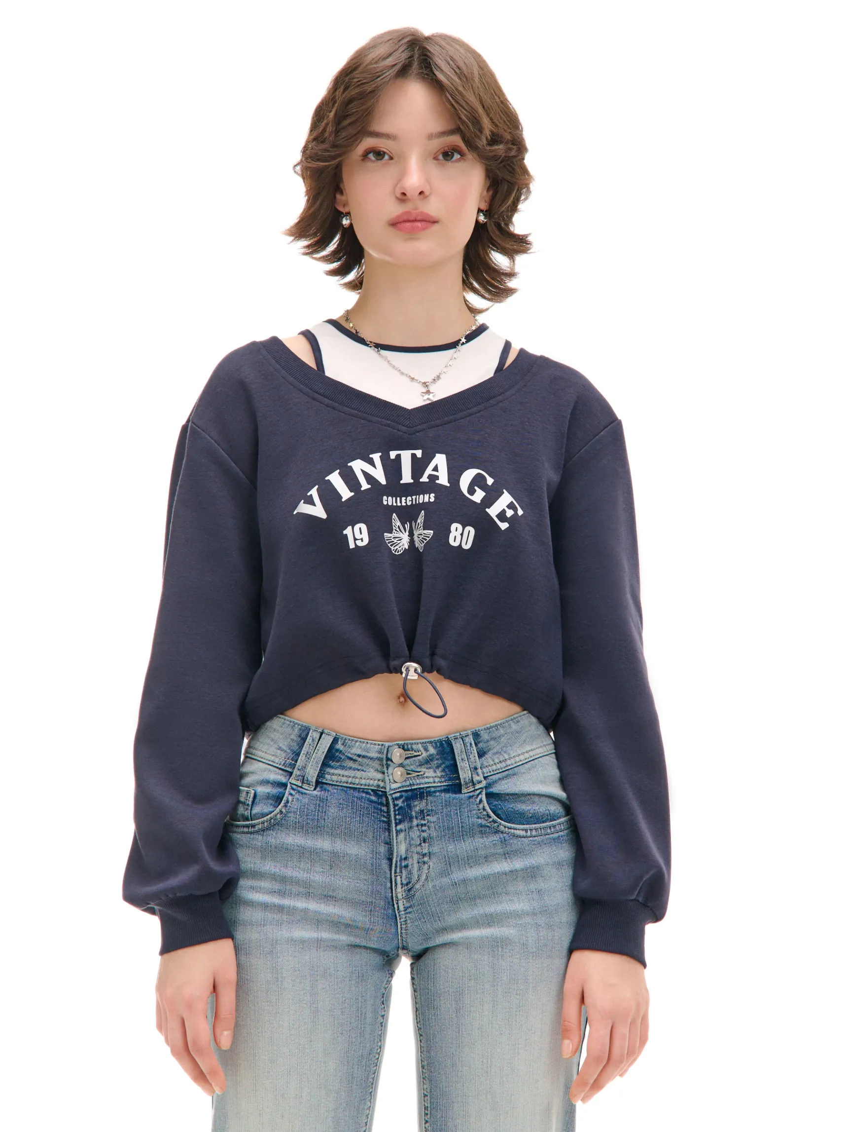 Discount Cropp Krótka bluza z topem i nadrukiem granatowy
