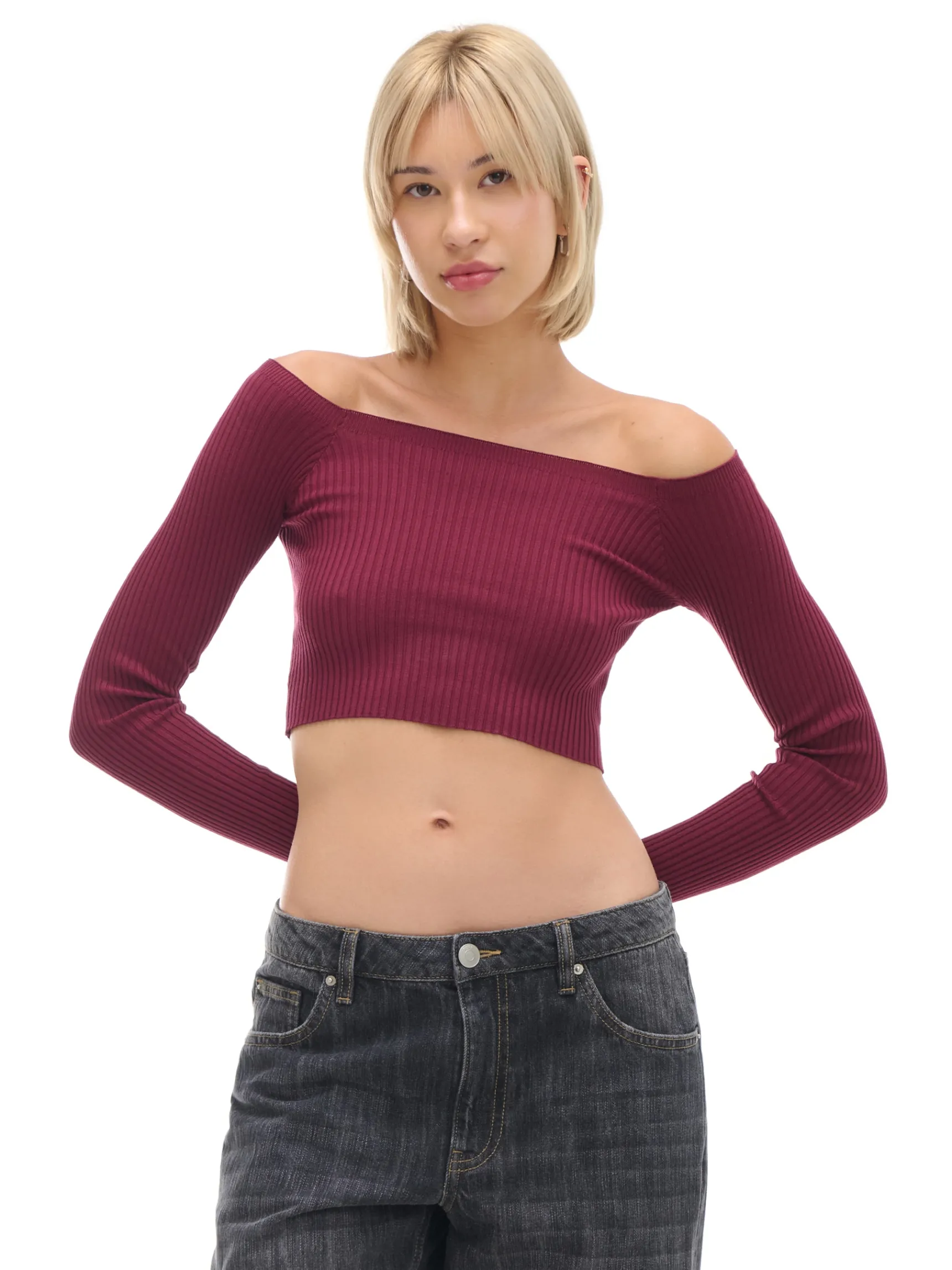 Fashion Cropp Krótki sweter z odkrytymi ramionami kasztanowy
