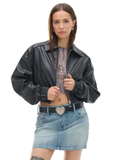 Discount Cropp Kurtka bomber z imitacji skóry czarny