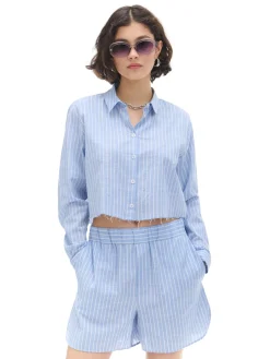 Best Cropp Niebieska krótsza koszula w pionowe paski błękitny