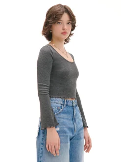 Sale Cropp Prążkowana szara koszulka longsleeve szary
