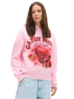 Sale Cropp Różowa bluza z kapturem i nadrukiem różowy