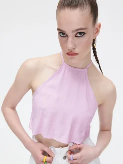 Sale Cropp Różowy crop top z ozdobnym wiązaniem fioletowy