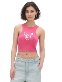 New Cropp Różowy top z motylem czerwony