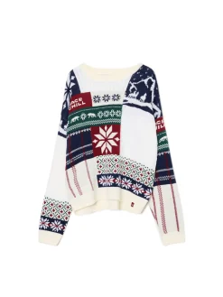 Outlet Cropp Sweter z zimowym motywem kremowy