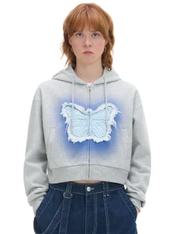Online Cropp Szara krótka bluza z motylem jasnyszary