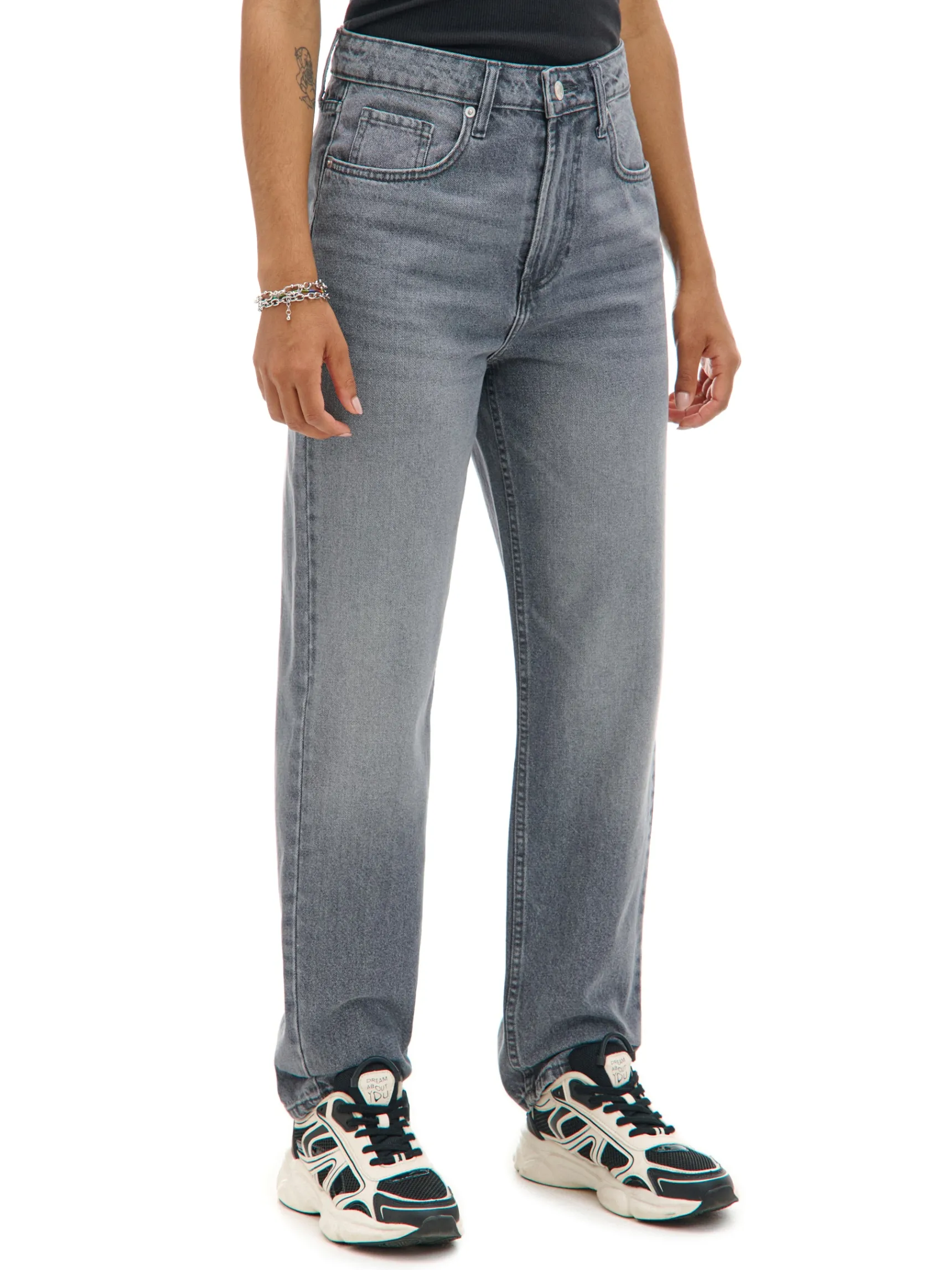 Discount Cropp Szare jeansy mom z wysokim stanem szary