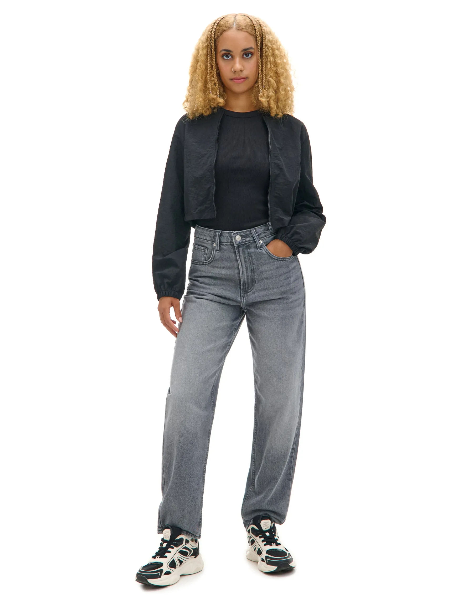 Discount Cropp Szare jeansy mom z wysokim stanem szary
