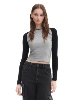 Clearance Cropp Szaro-czarna bluzka z długim rękawem jasnyszary