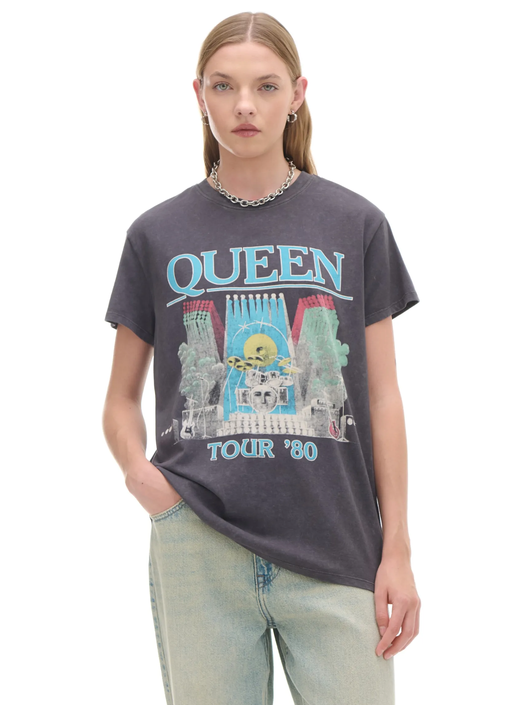 New Cropp T-shirt z nadrukiem Queen szary
