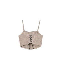 Online Cropp Top ze wzorem w kratę brązowy