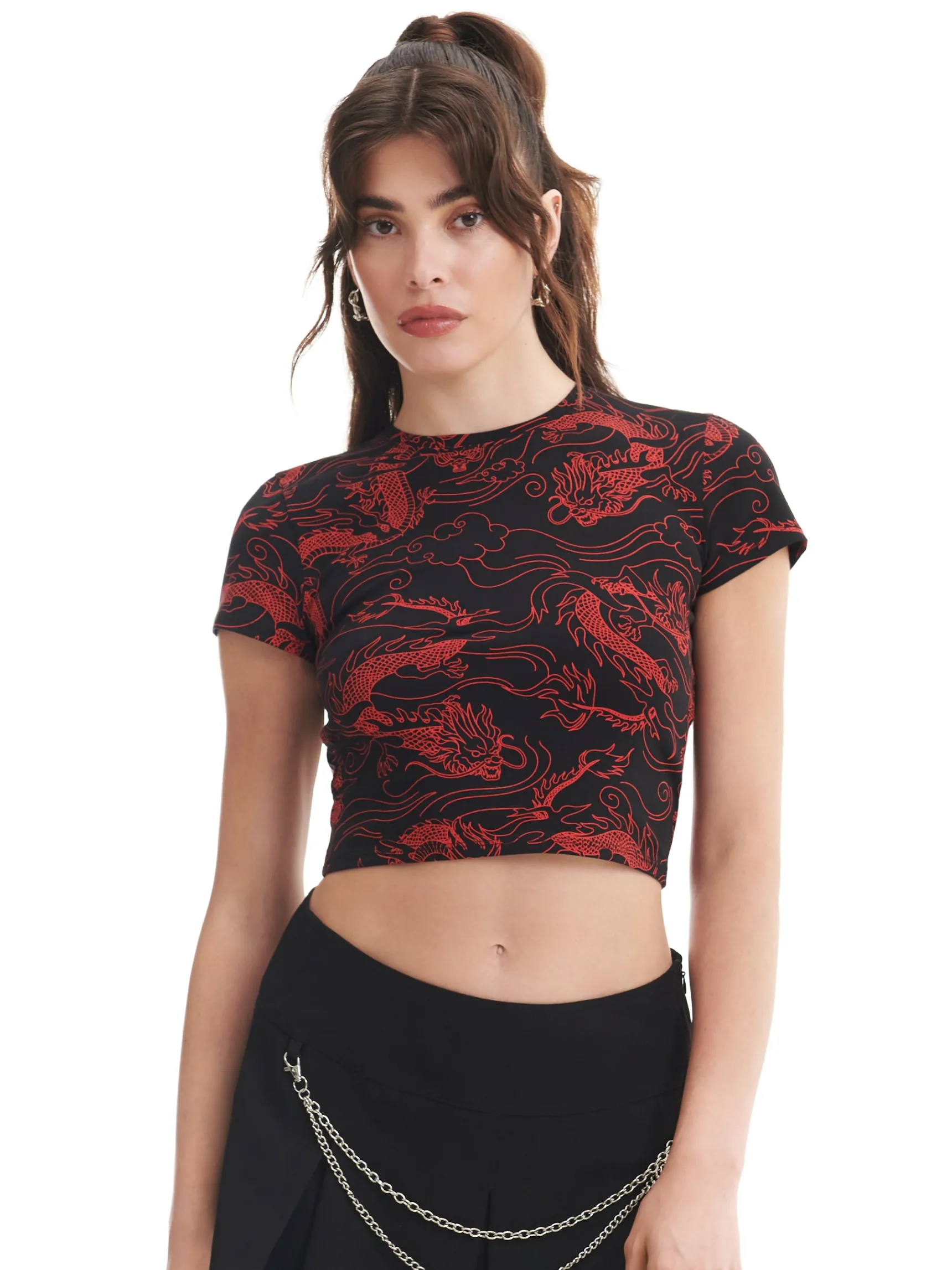 Sale Cropp T-shirt z motywem smoków all over czarny