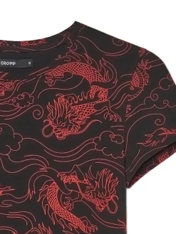 Sale Cropp T-shirt z motywem smoków all over czarny