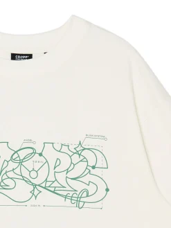Best Cropp T-shirt z zielonym nadrukiem kremowy