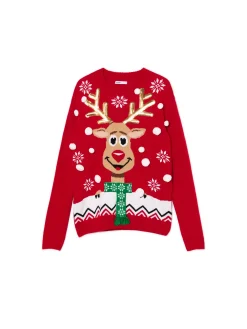 Discount Cropp Świąteczny sweter z reniferem czerwony